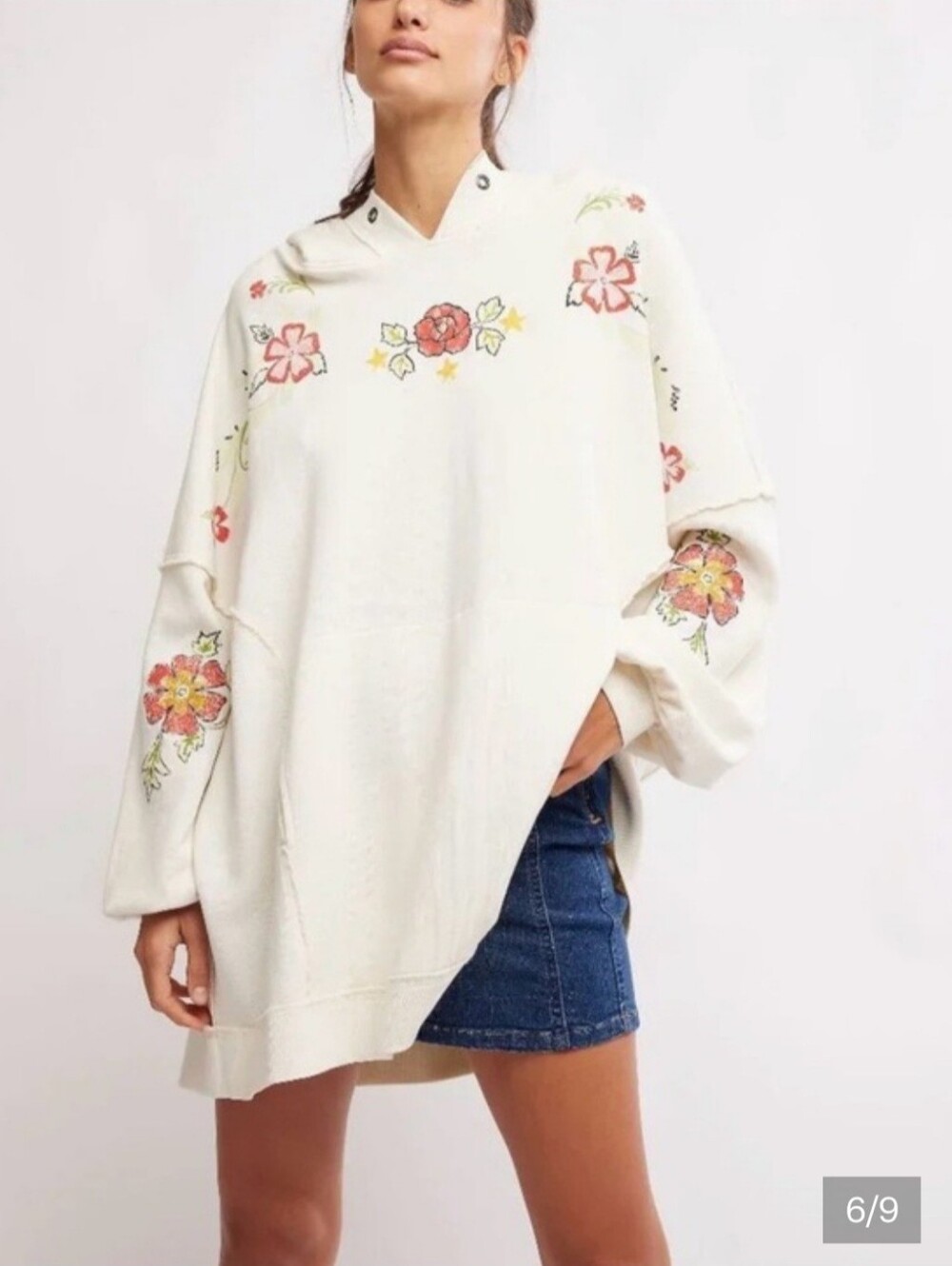 Free People We The Free Oversized Cream Floral Embroidered Hoodie Sweatershirt